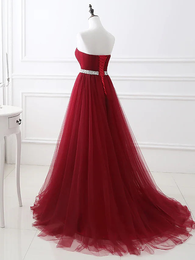 A-Line Elegant Quinceanera Prom Valentine's Day Dress Strapless Sleeveless Chapel Train Satin with Crystals