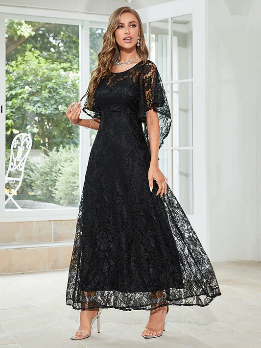 A-Line Wedding Guest Dresses Elegant Dress Party Wear Ankle Length Half Sleeve Jewel Neck Lace with Ruffles Appliques