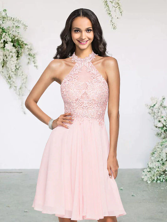 A-Line Bridesmaid Dress Halter Neck Sleeveless Sexy Short / Mini Chiffon / Lace with Pleats / Appliques