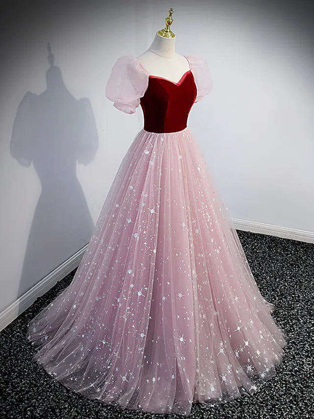 A-Line Prom Dresses Princess Dress Prom Floor Length Short Sleeve Sweetheart Tulle with Sequin