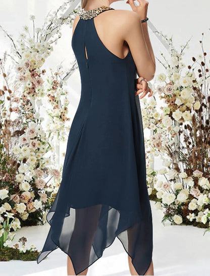 A-Line Cocktail Dresses Flirty Dress Wedding Guest Asymmetrical Sleeveless Halter Chiffon with Crystals Beading