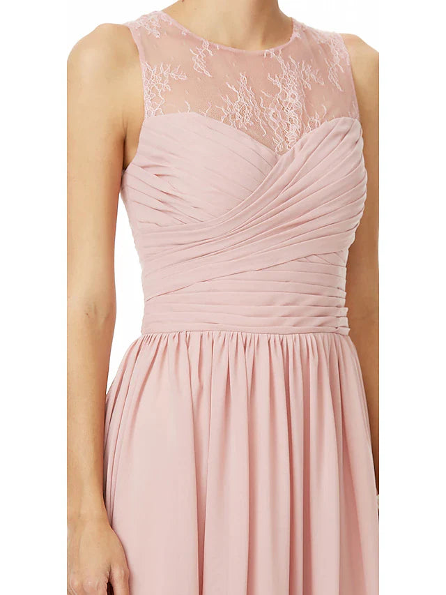 A-Line Bridesmaid Dress Jewel Neck Sleeveless See Through Floor Length Chiffon / Lace with Lace / Criss Cross / Pleats