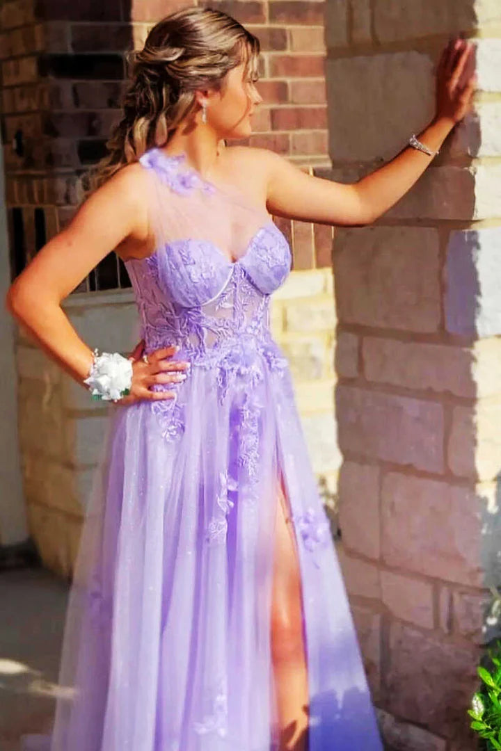 Dreamy Lavender Sheer Mesh One-Shoulder Long Prom Gown