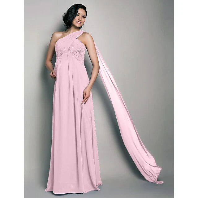 Sheath / Column Bridesmaid Dress One Shoulder Sleeveless Maternity Watteau Train / Floor Length Chiffon with Criss Cross / Draping