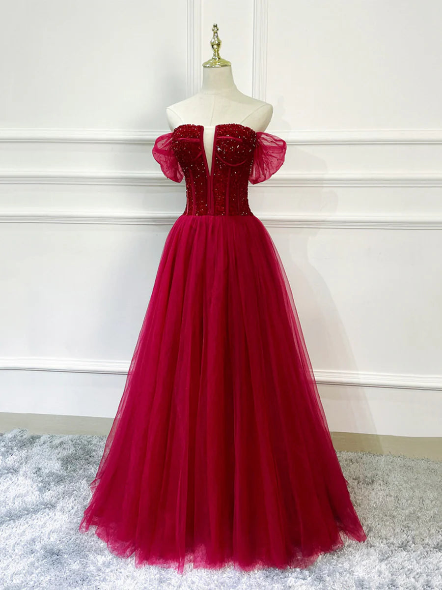 Evening Party Dress Off Shoulder Burgundy Tulle Beaded Long Formal Dress