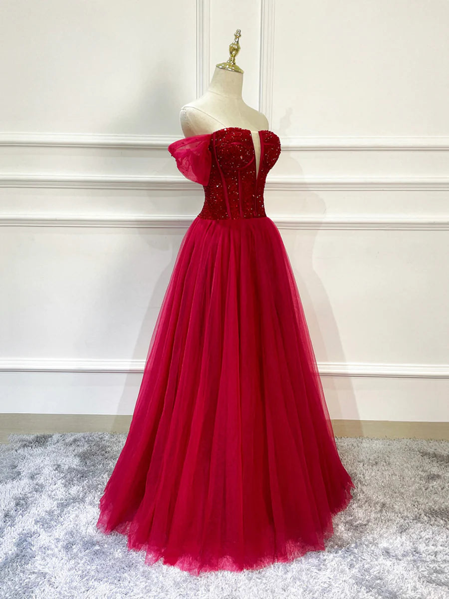 Evening Party Dress Off Shoulder Burgundy Tulle Beaded Long Formal Dress