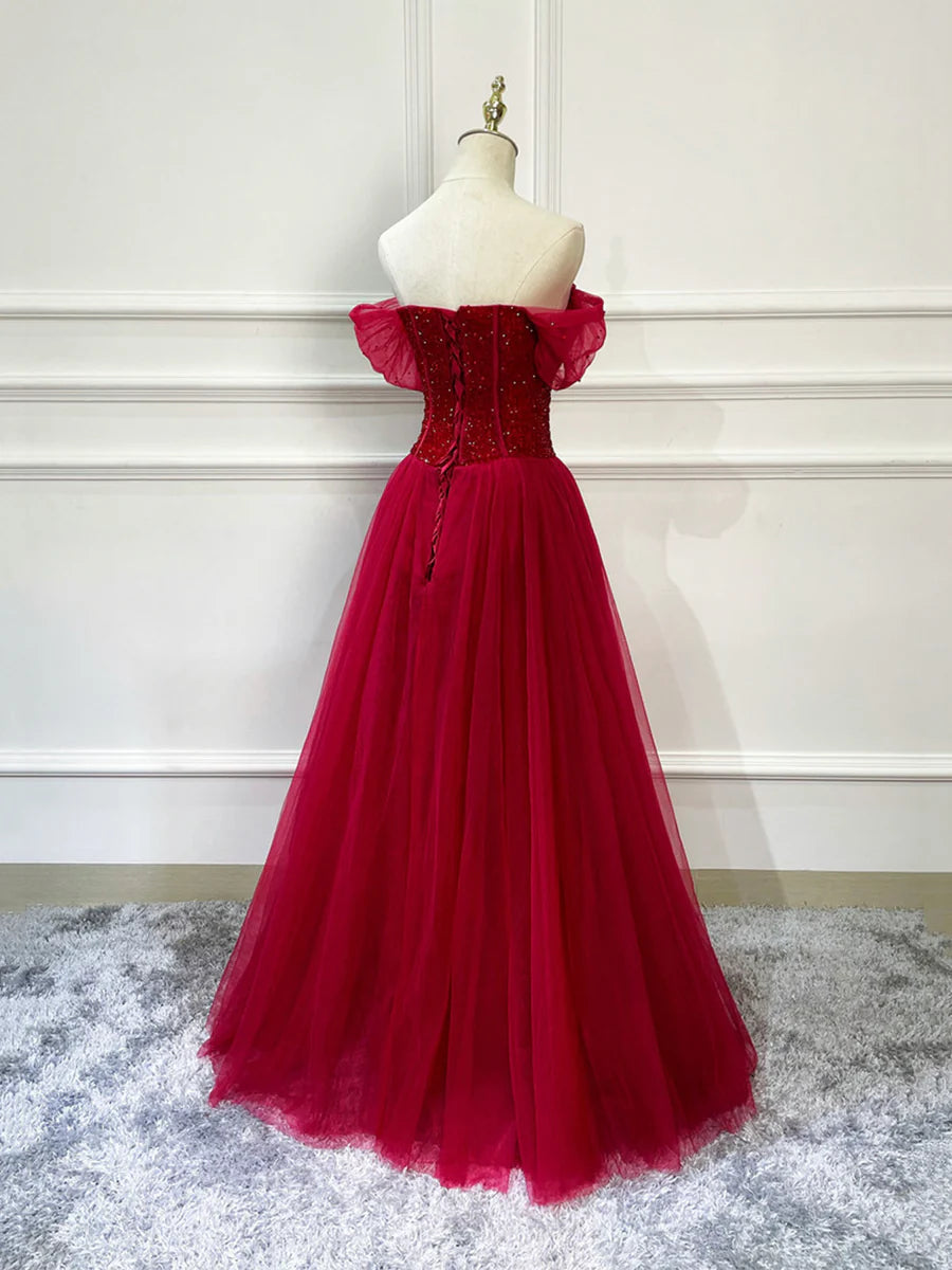 Evening Party Dress Off Shoulder Burgundy Tulle Beaded Long Formal Dress