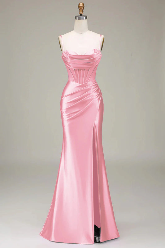 Candy Pink Satin Spaghetti Straps Split Fork Lace-Up Back Slim-fit Prom Dress with Corset
