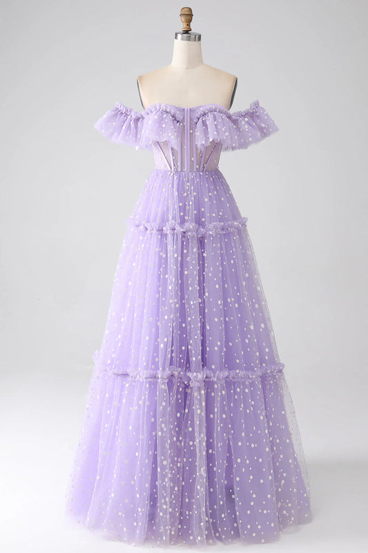 Lilac A-Line Off The Shoulder Tulle Polka Dot Lace-Up Back Prom Dress