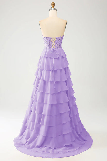 Sky Blue A-Line Off-the-Shoulder Sweetheart Tiered Lace-Up Back Long Prom Dress