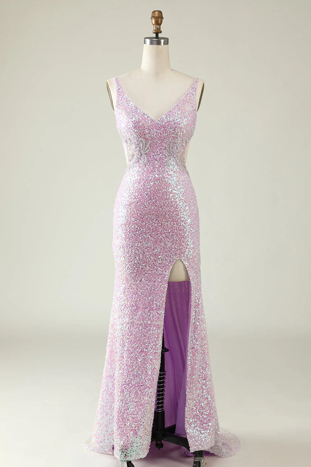 Sheath V Neck Lilac Sequins Backless Long Prom Dress With Split Front