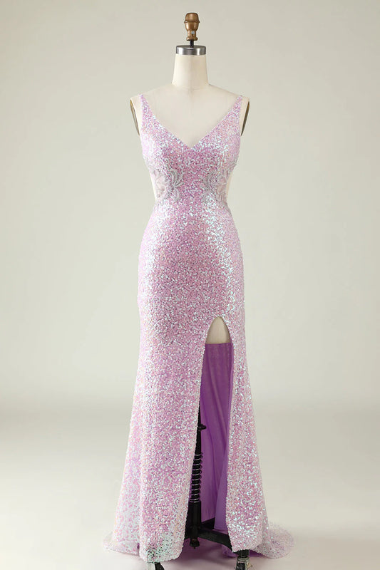 Sheath V Neck Lilac Sequins Backless Long Prom Dress With Split Front