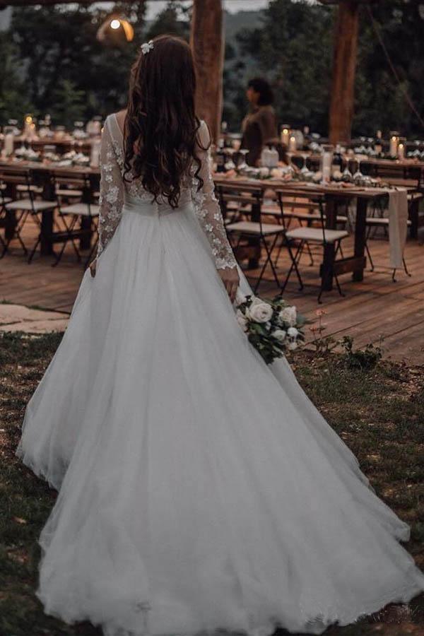 Elegant Long Sleeves Tulle Wedding Dresses Bridal Gowns With Lace Applique