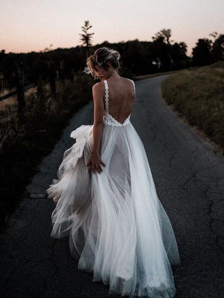 Lace Bodice Tulle Skirt Backless Bridal Gown Minimalist Wedding Dresses