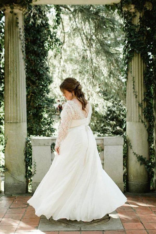 Lace Top Chiffon Plus Size Wedding Dresses with Long Sleeves