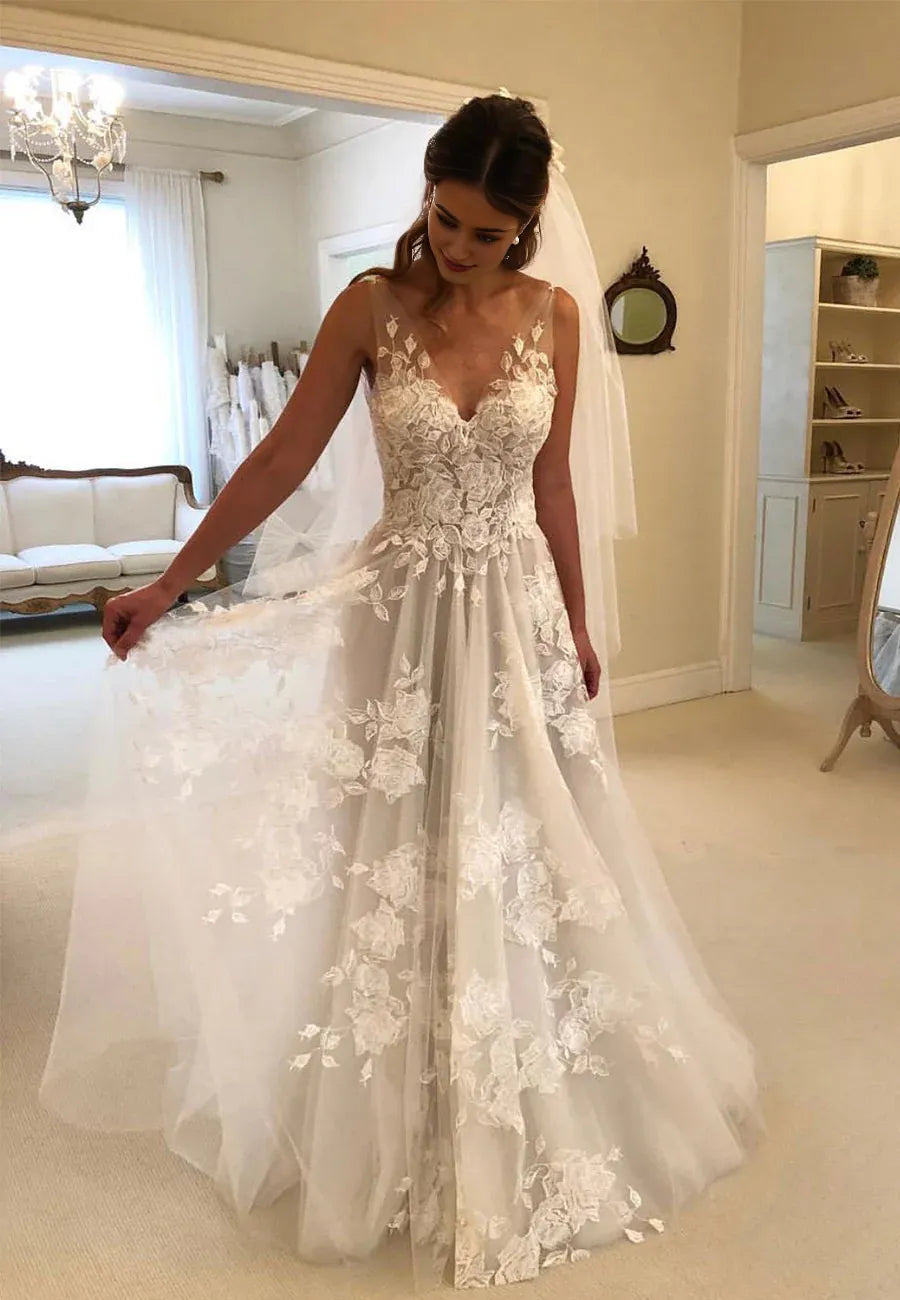 A-Line Wedding Dresses V Neck Court Train Lace Regular Straps Formal Casual Beach