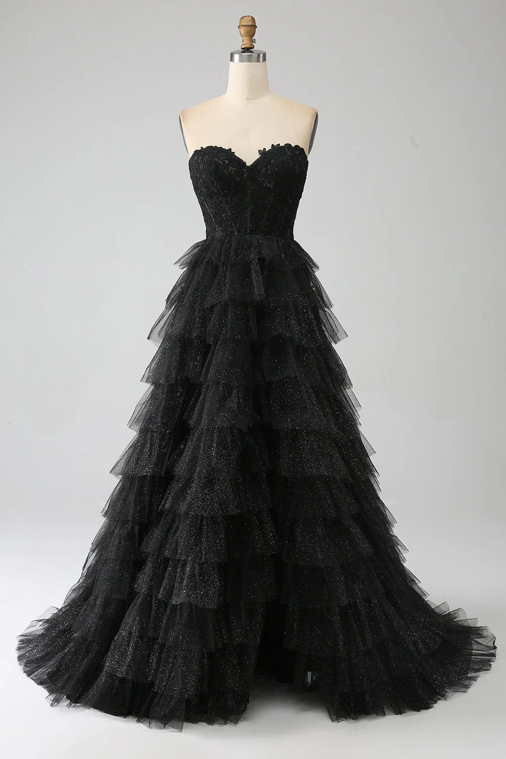 Glitter Sweetheart A-Line Off-the-Shoulder Black Corset Floor-Length Prom Dress with Slit