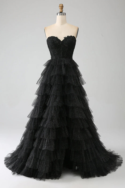 Glitter Sweetheart A-Line Off-the-Shoulder Black Corset Floor-Length Prom Dress with Slit