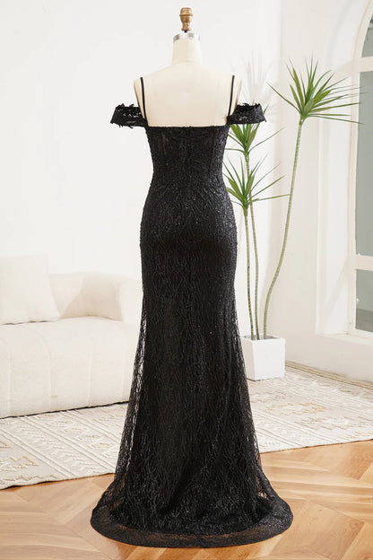 Sparkly Black Square Neck Mermaid Off The Shoulder Slim-fit Prom Dress With Slit ﻿
