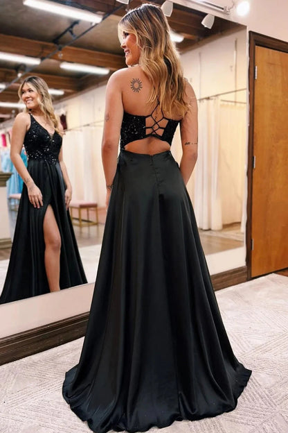 A-Line V-Neck Lace-Up Back Split Fork Long Prom Dress with Pockets