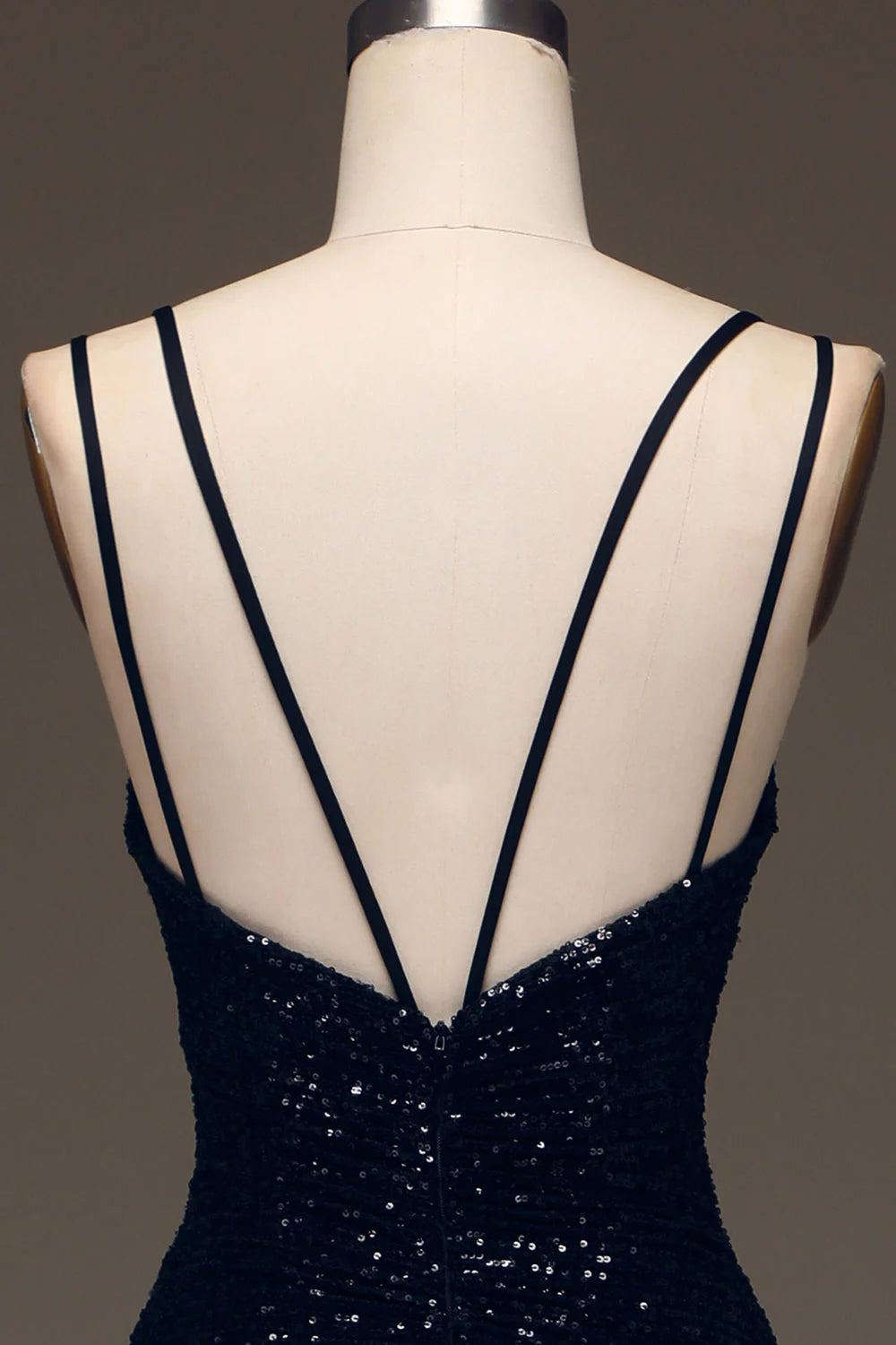 Black V-Neck Sparkly Sequin Spaghetti Strap Mermaid Long Prom Dress With Slit