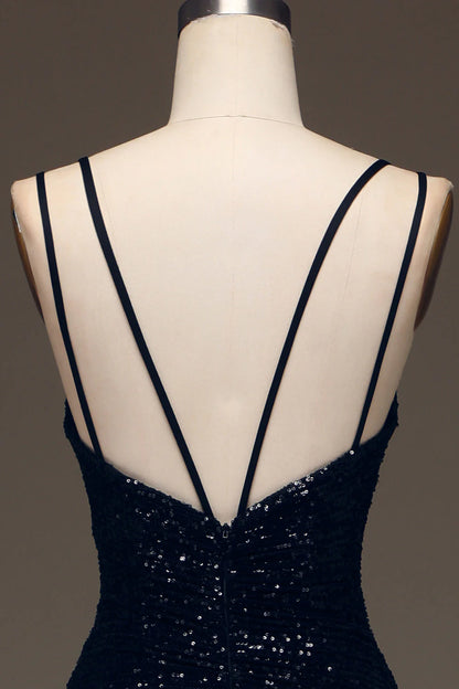 Black V-Neck Sparkly Sequin Spaghetti Strap Mermaid Long Prom Dress With Slit