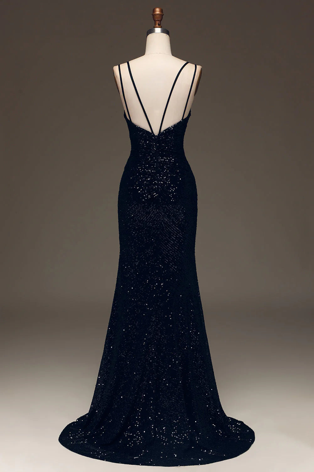 Black V-Neck Sparkly Sequin Spaghetti Strap Mermaid Long Prom Dress With Slit