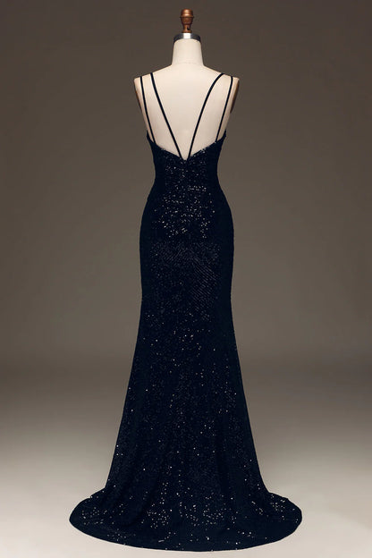 Black V-Neck Sparkly Sequin Spaghetti Strap Mermaid Long Prom Dress With Slit