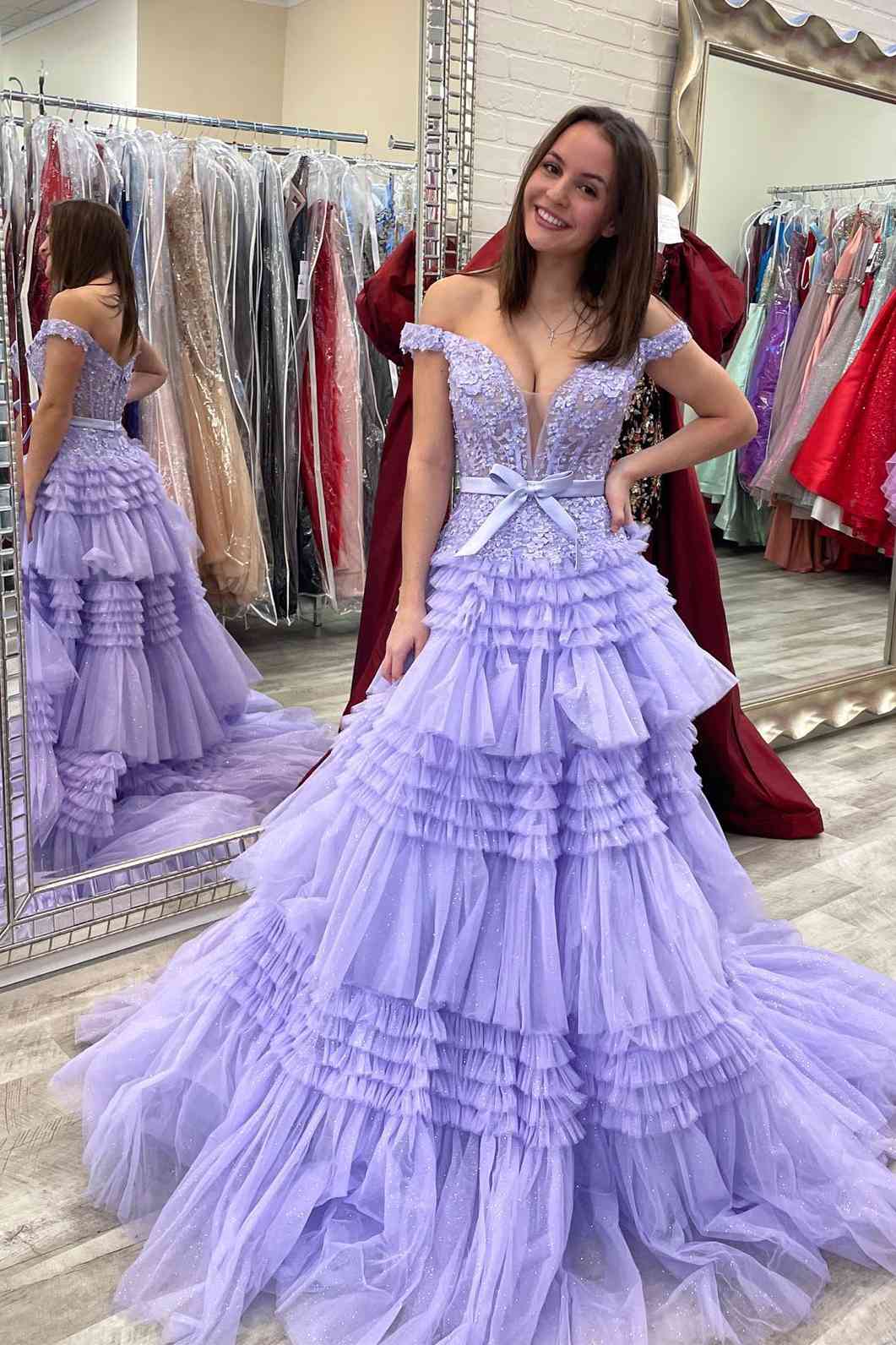 Sweep/Brush Train Dresses Off The Shoulder A-line Tulle Ruffles Layers Applique Long Prom Dress