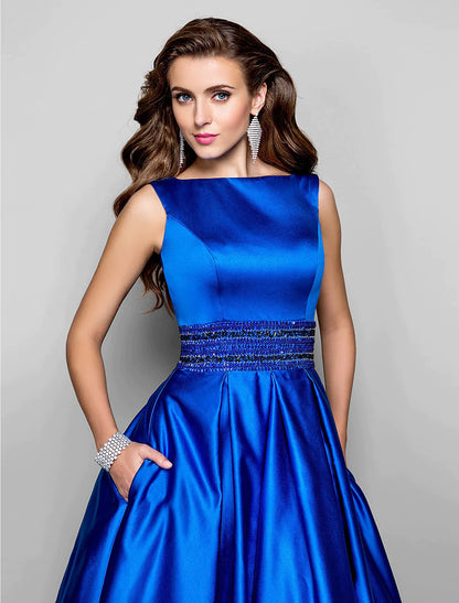 A-Line Elegant Dress Wedding Guest Floor Length Sleeveless Boat Neck Pocket Satin with Pleats Beading