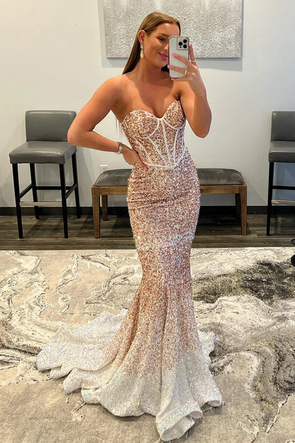 Rose Gold Off-the-Shoulder Sparkly Sequins Mermaid Long Prom Dress