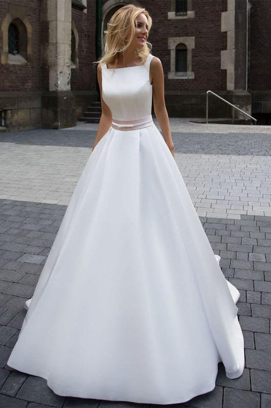 On Sale Princess Simple A-line Satin Ivory Wedding Dresses