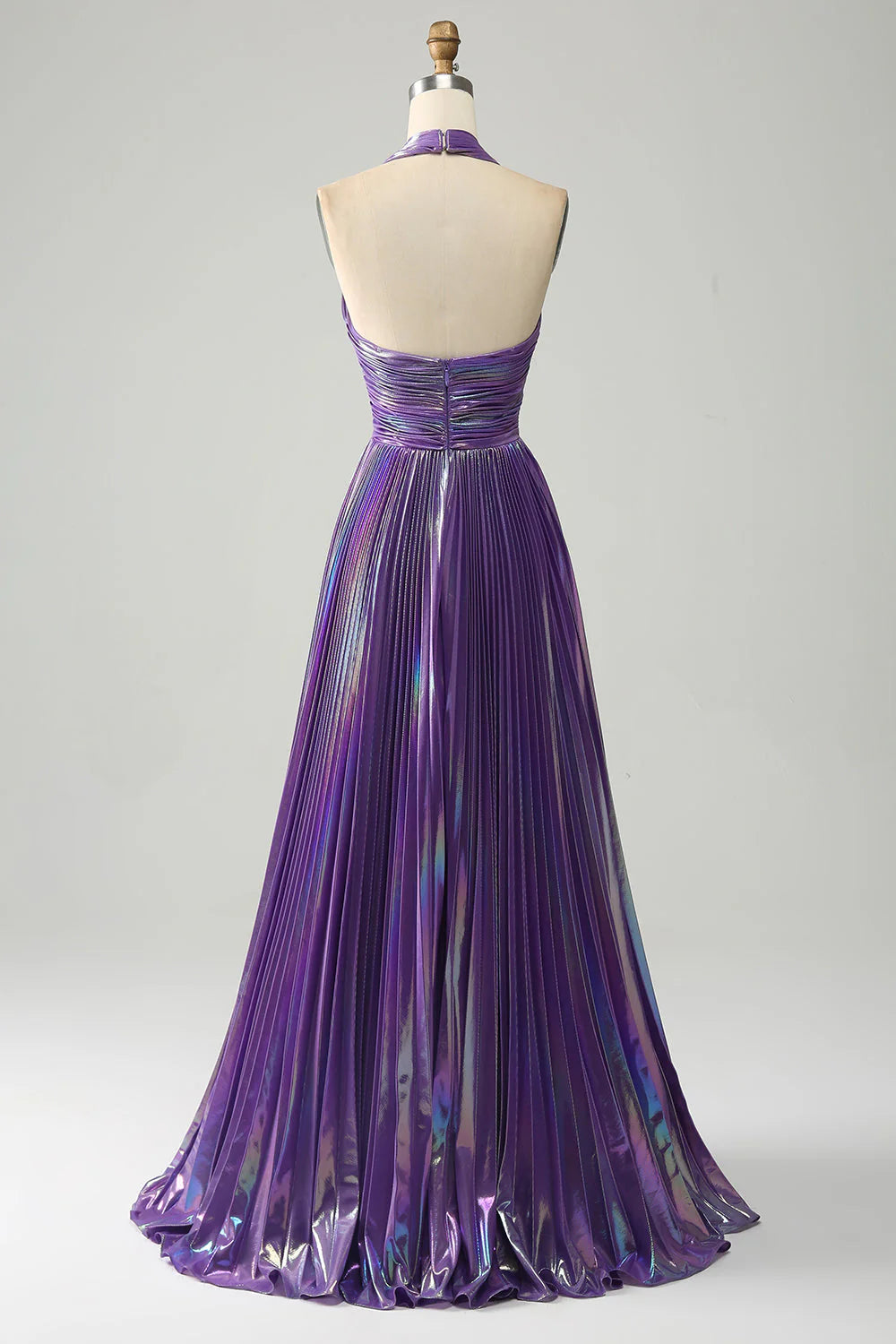 Sparkly Purple Halter A Line Backless Prom Dress with Pleated ﻿