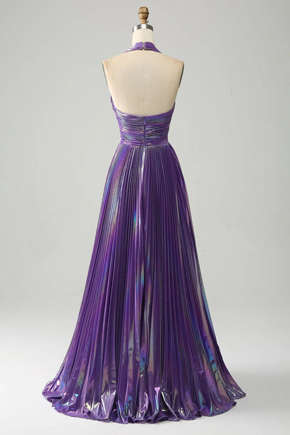 Sparkly Purple Halter A Line Backless Prom Dress with Pleated ﻿