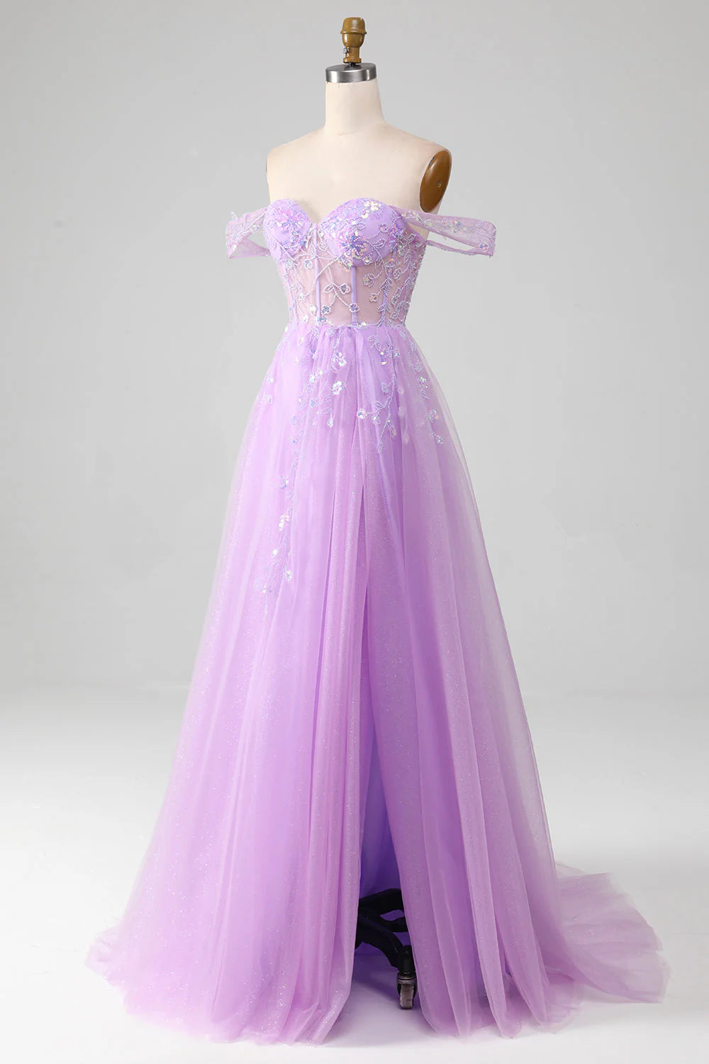 Lavender A Line Off the Shoulder Sequin Beaded Tulle Prom Dress with Slit
