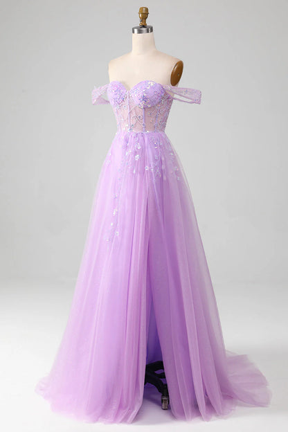 Lavender A Line Off the Shoulder Sequin Beaded Tulle Prom Dress with Slit