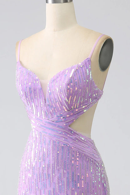 Sparkly Purple V-Neck Mermaid Sequins Spaghetti Straps Backless Prom Dress