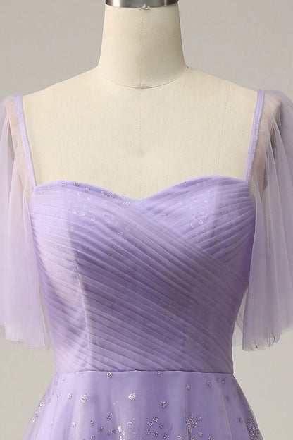Off-the-Shoulder Lavender Lace-Up Back Prom Dress with Ruffles