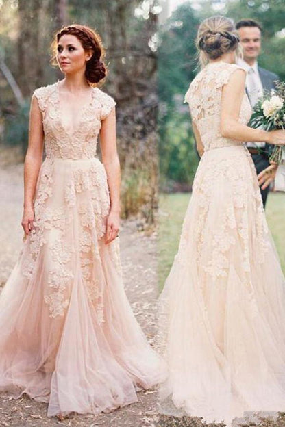 High Quality V-neck Sleeveless Floor-Length Wedding Dress with Lace