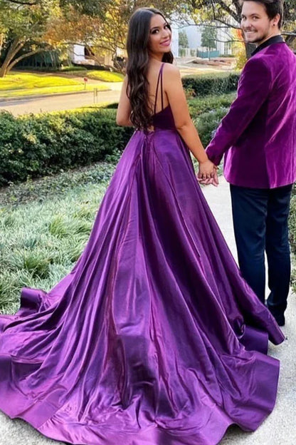 Satin A-line Backless Long Prom Dress With Slit