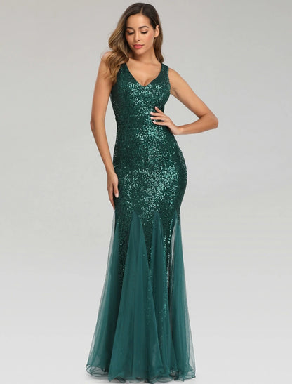 Sheath Mermaid Sleek Glitter Sparking Sequins Evening Dress Sleeveless Wedding Guest Gown  Floor Length  V Neck Prom Dress