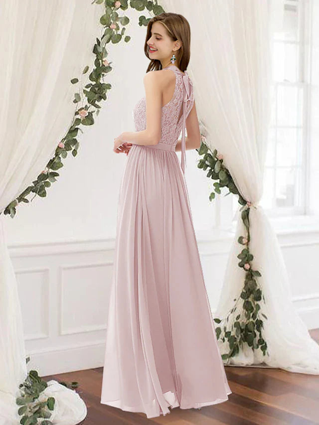 A-Line Bridesmaid Dress Jewel Neck Sleeveless Elegant Floor Length Chiffon / Lace with Pleats