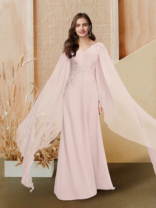 A-Line Elegant Cute Prom Formal Evening Dress V Neck Long Sleeve Floor Length Chiffon with Appliques