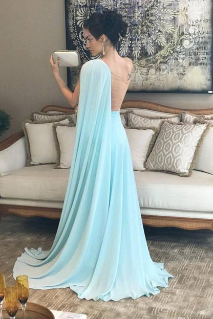 Sweep/Brush Train Dresses One Shoulder Pleats Sheer Illusion Back Chiffon Prom Gown