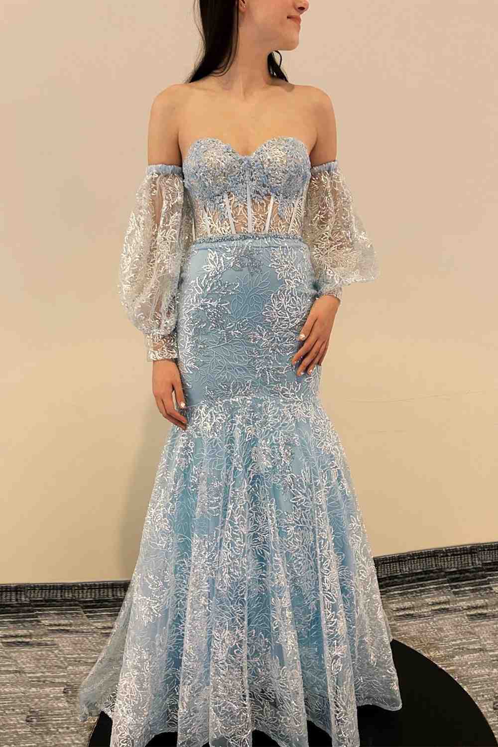 Sheath Mermaid Sweetheart Floor Length Sheer Lace Corset  Prom Dress