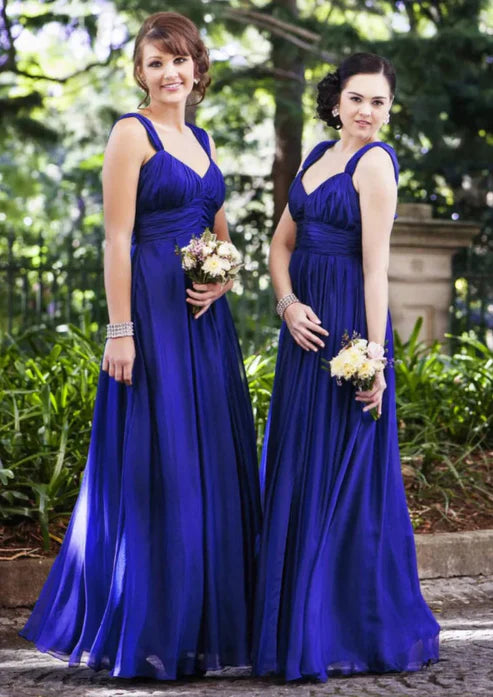 A-line V Neck Straps Floor-Length Chiffon Wedding Party Bridesmaid Dress, Pleated Party Dresses Wedding Guest Dresses