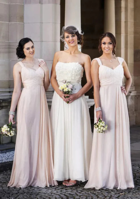 A-line V Neck Straps Floor-Length Chiffon Wedding Party Bridesmaid Dress, Pleated Party Dresses Wedding Guest Dresses