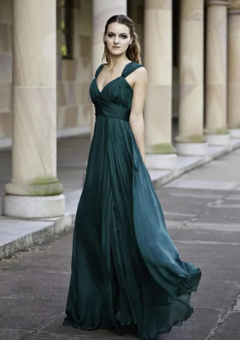 A-line V Neck Straps Floor-Length Chiffon Wedding Party Bridesmaid Dress, Pleated Party Dresses Wedding Guest Dresses