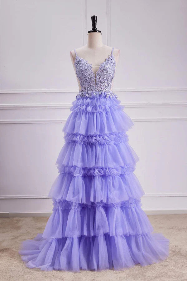 Plunging V Neck Floral Layers A-line Long Prom Dress