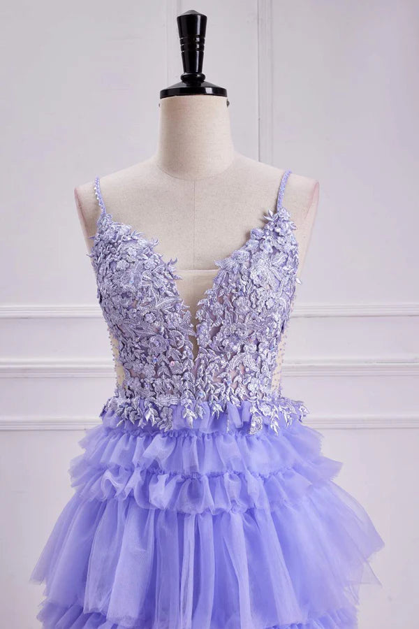 Plunging V Neck Floral Layers A-line Long Prom Dress